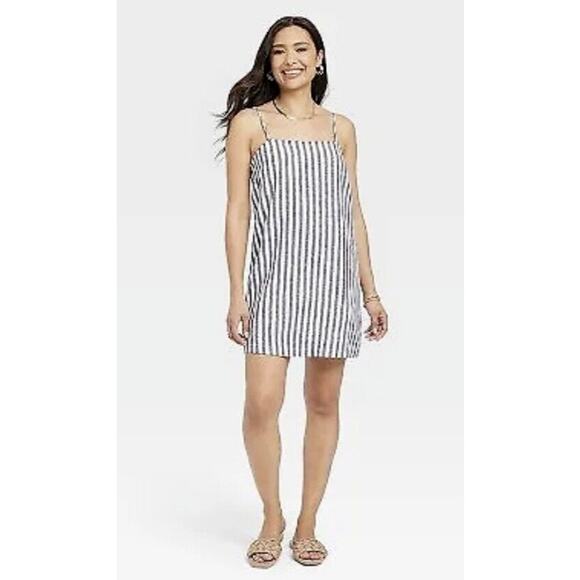 A New Day Women's Small Mini Dress Linen Blend Blue White Striped - Picture 1 of 11
